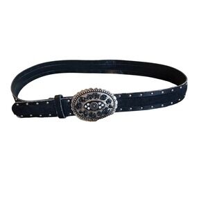 Western Vamp Black Studded‎ Oval Rhinestone Buckle Boho Belt